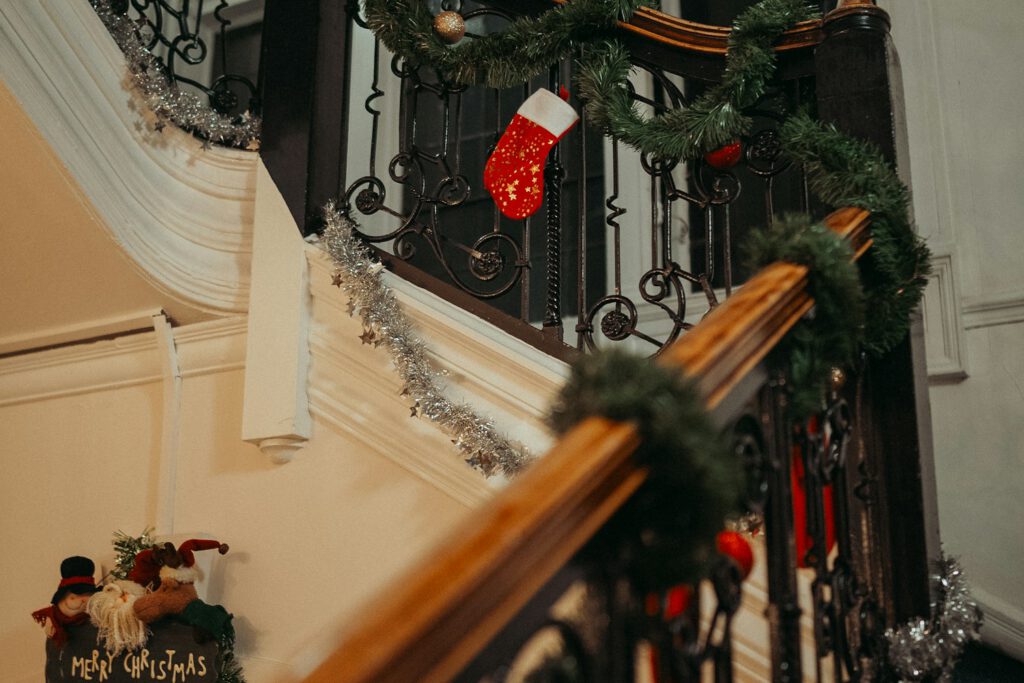 Staircase decorated with Christmas garland