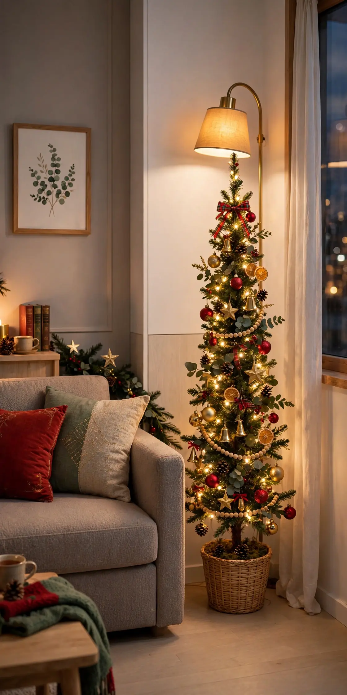 pencil christmas tree in apartment living room corner