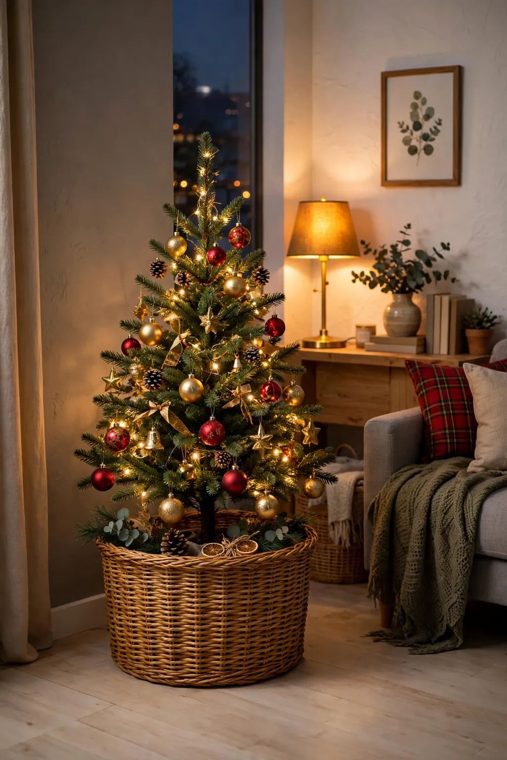 christmas tree in woven basket collar apartment