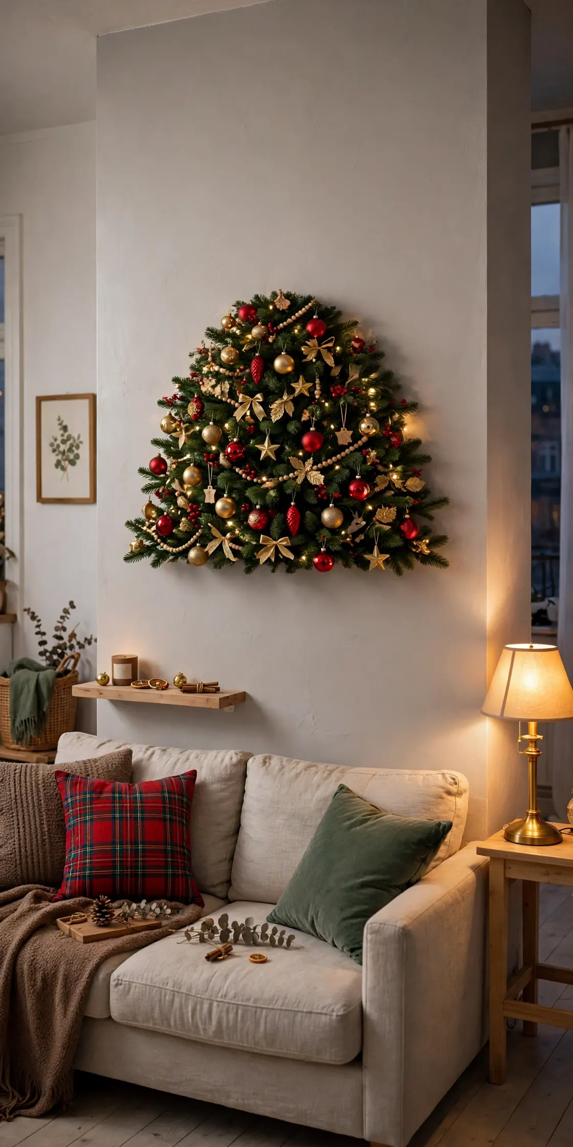 half christmas tree against apartment wall