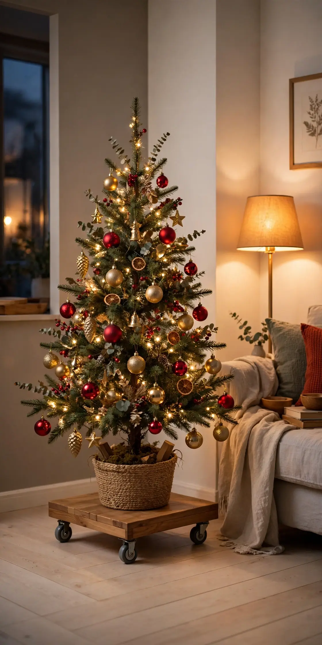 christmas tree on rolling plant stand apartment