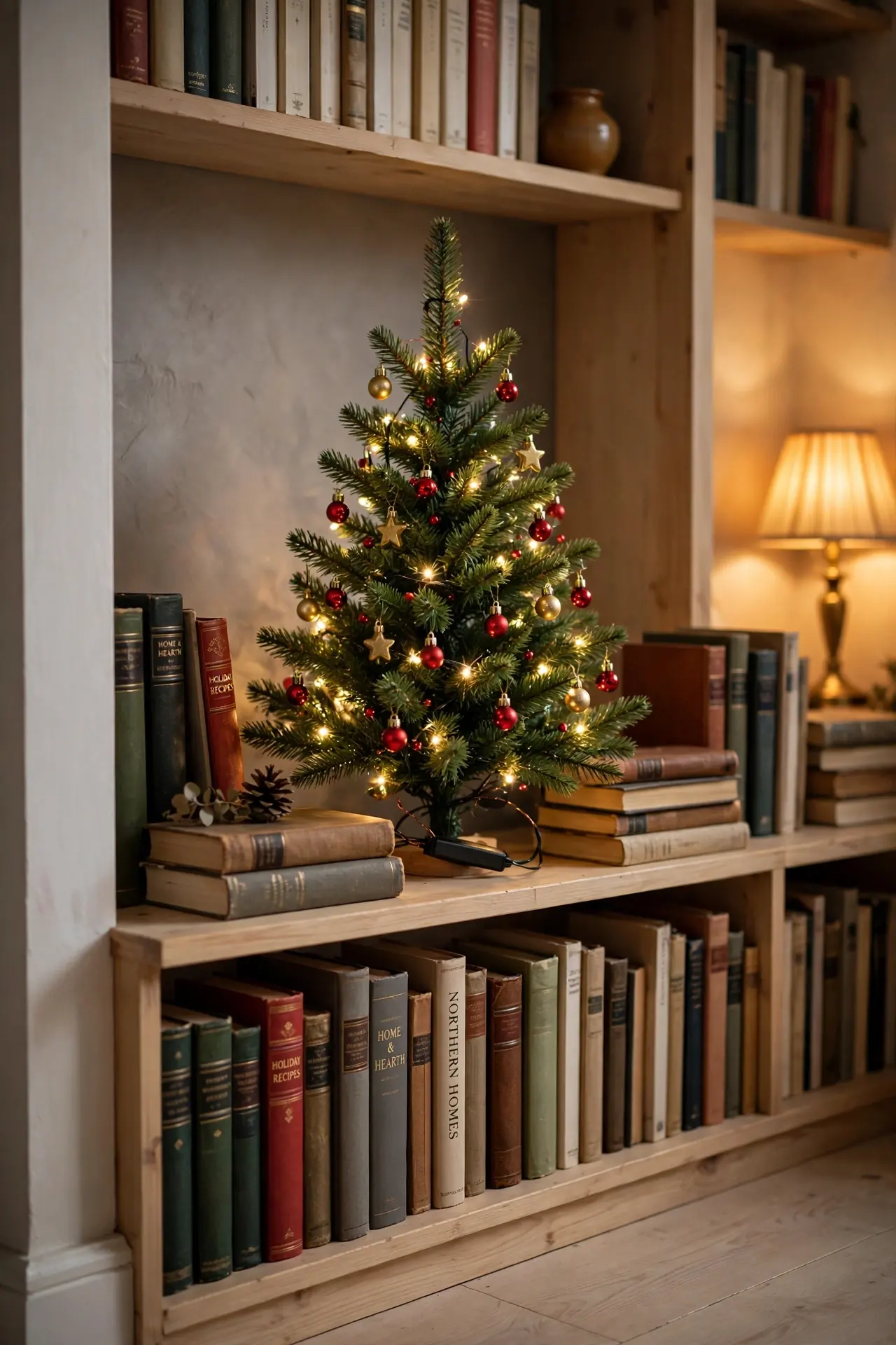 mini christmas tree on apartment bookshelf