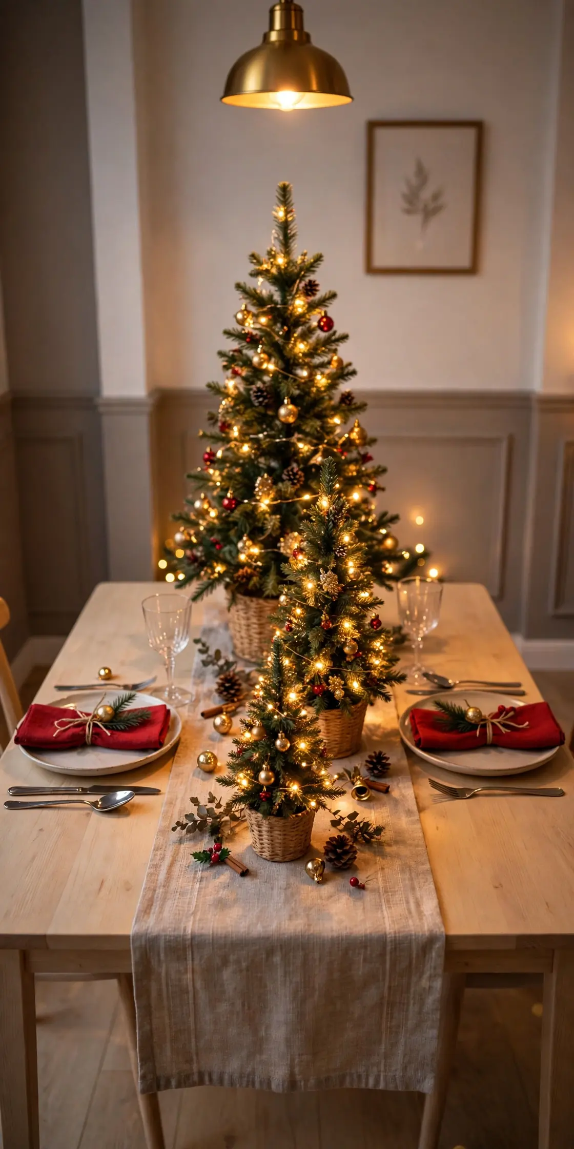 three mini christmas trees dining table centerpiece apartment