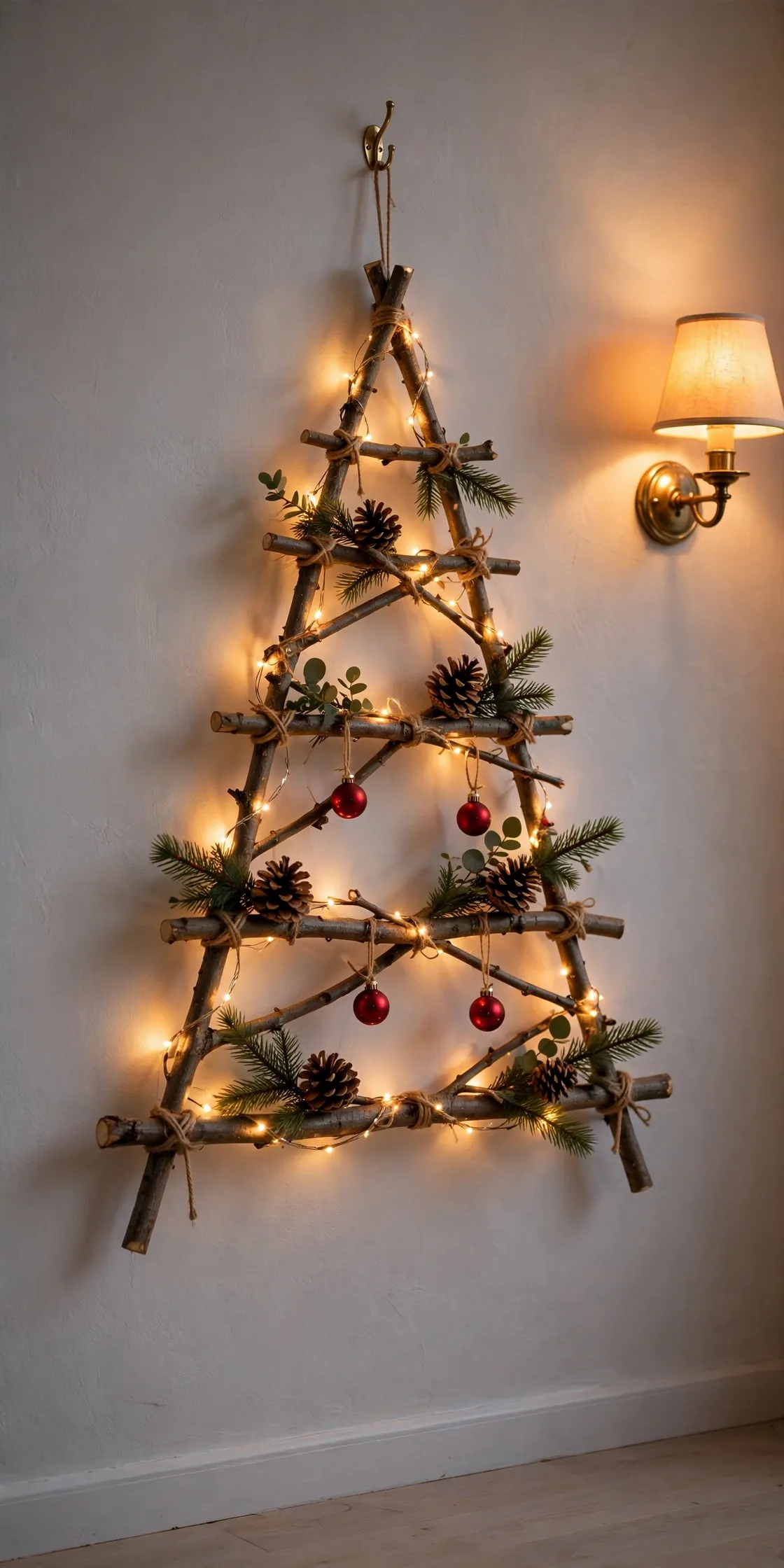 wall christmas tree made of branches and twine apartment