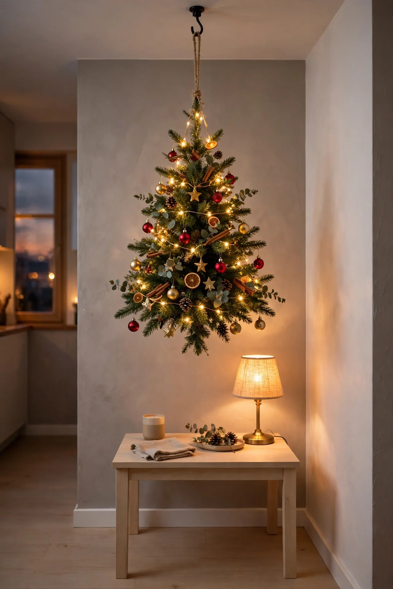 hanging christmas tree suspended from ceiling hook apartment