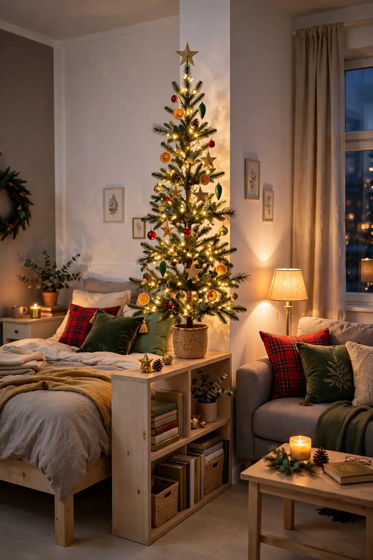 studio apartment christmas tree room divider shelf