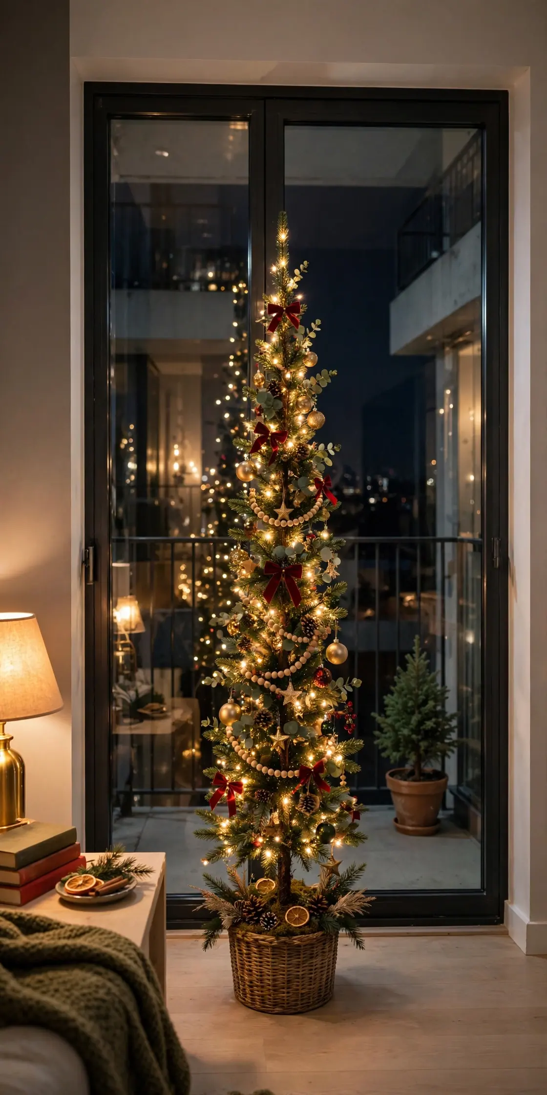 christmas tree in front of apartment balcony window
