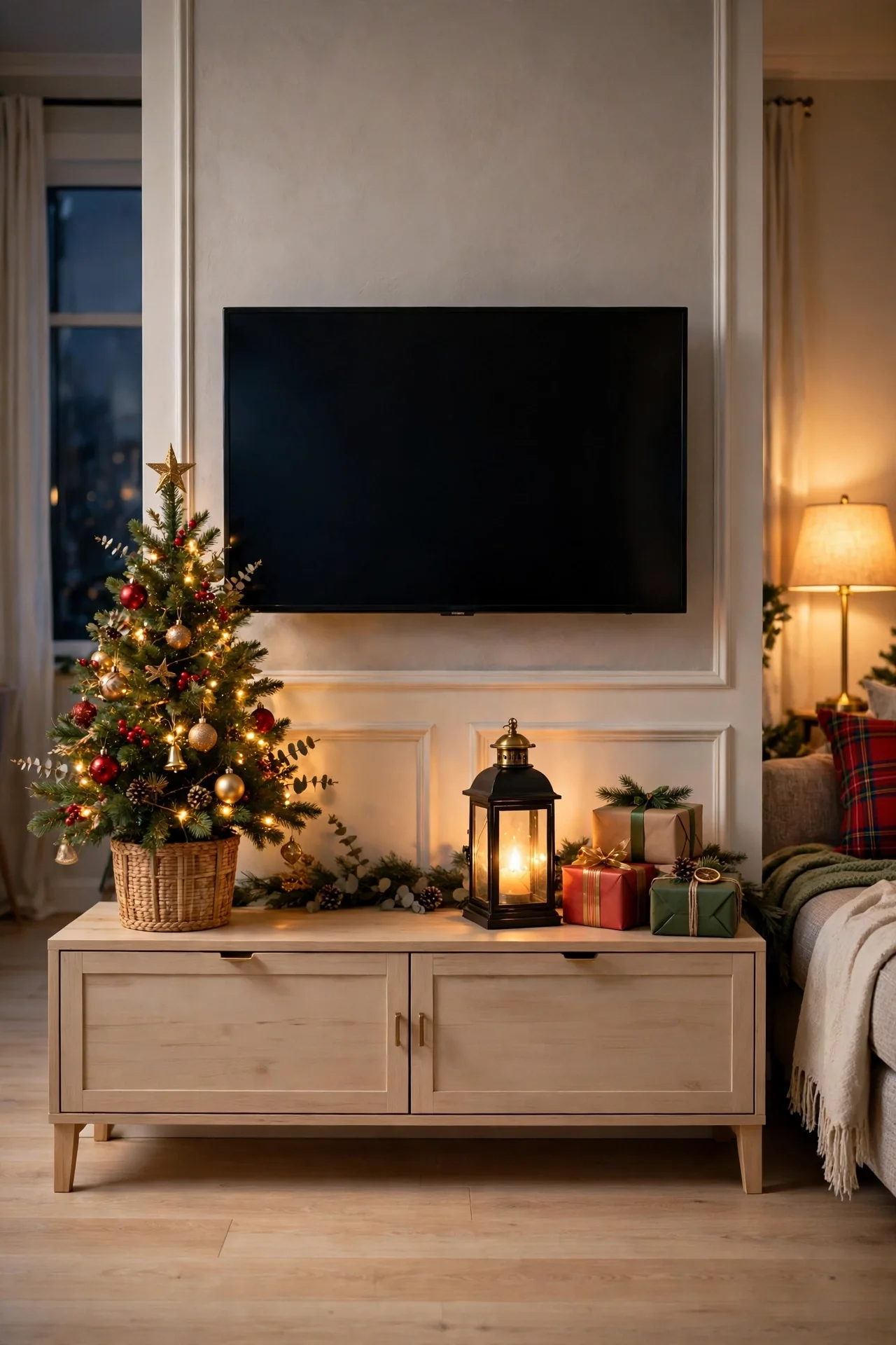 christmas tree beside tv on apartment media unit