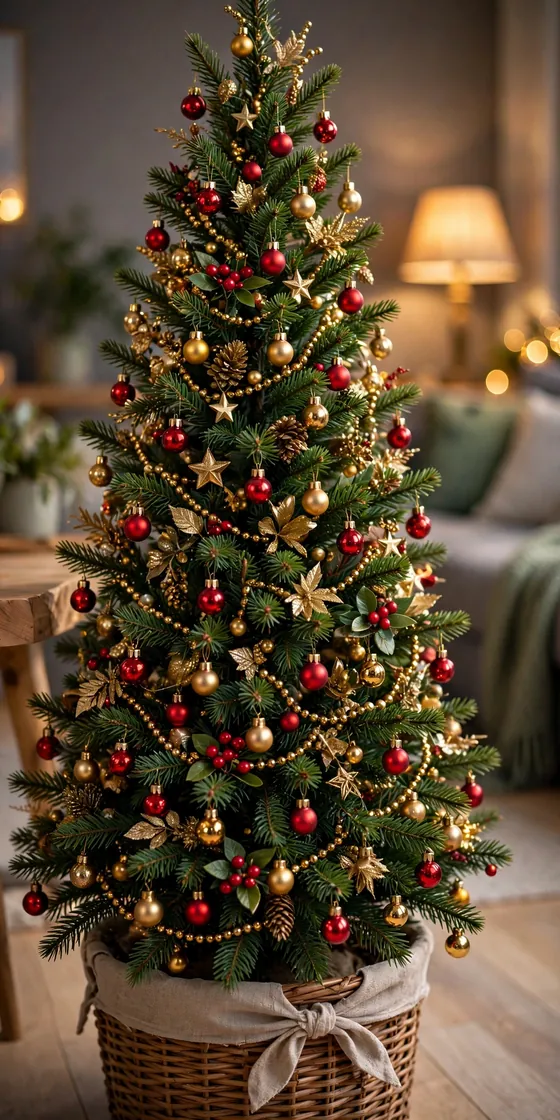 mini ornaments on small apartment christmas tree