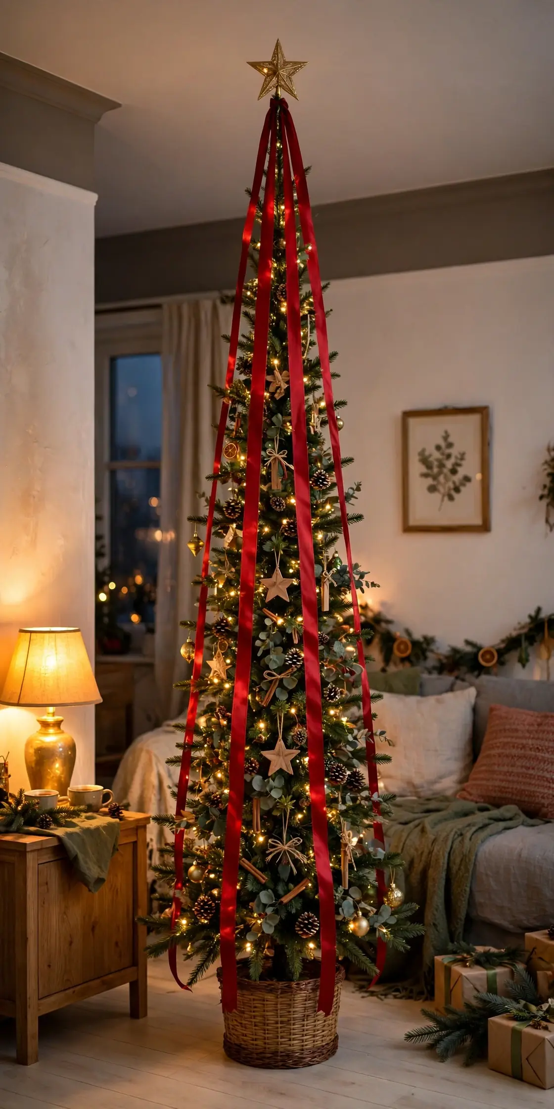 vertical ribbon on slim apartment christmas tree