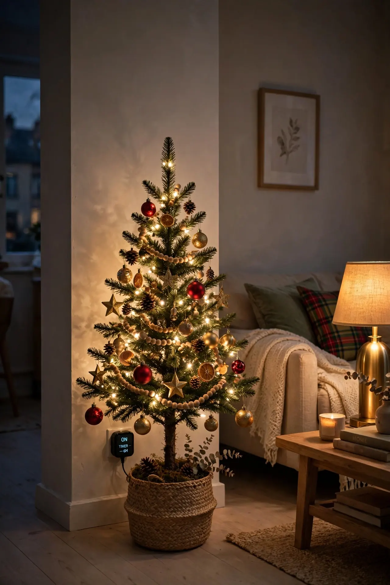apartment christmas tree warm white timer lights evening