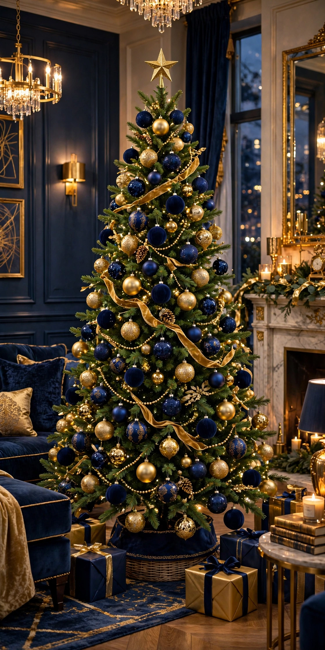 navy blue and gold christmas tree living room