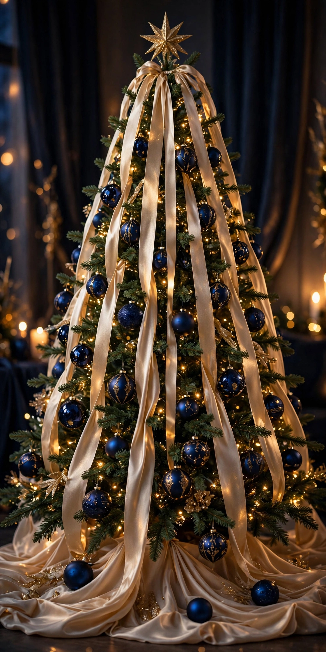 champagne gold ribbon cascade christmas tree