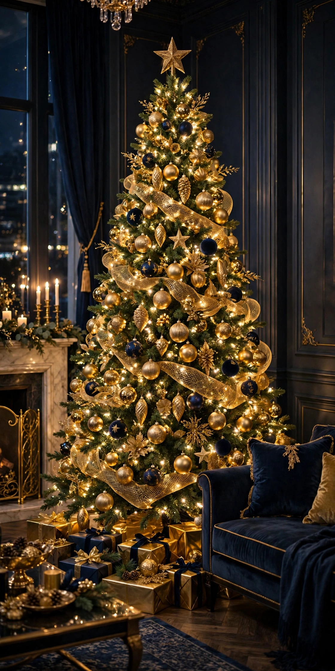 gold christmas tree glam gold ornaments navy accents
