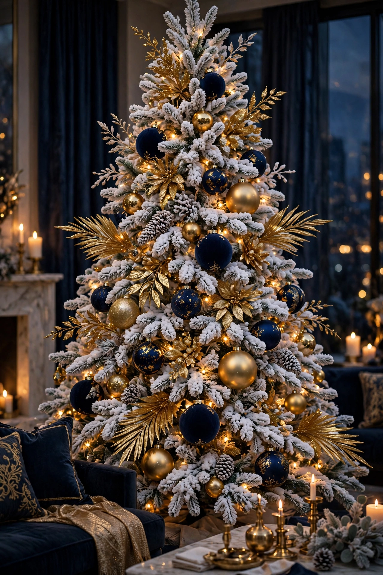 flocked christmas tree navy gold ornaments elegant