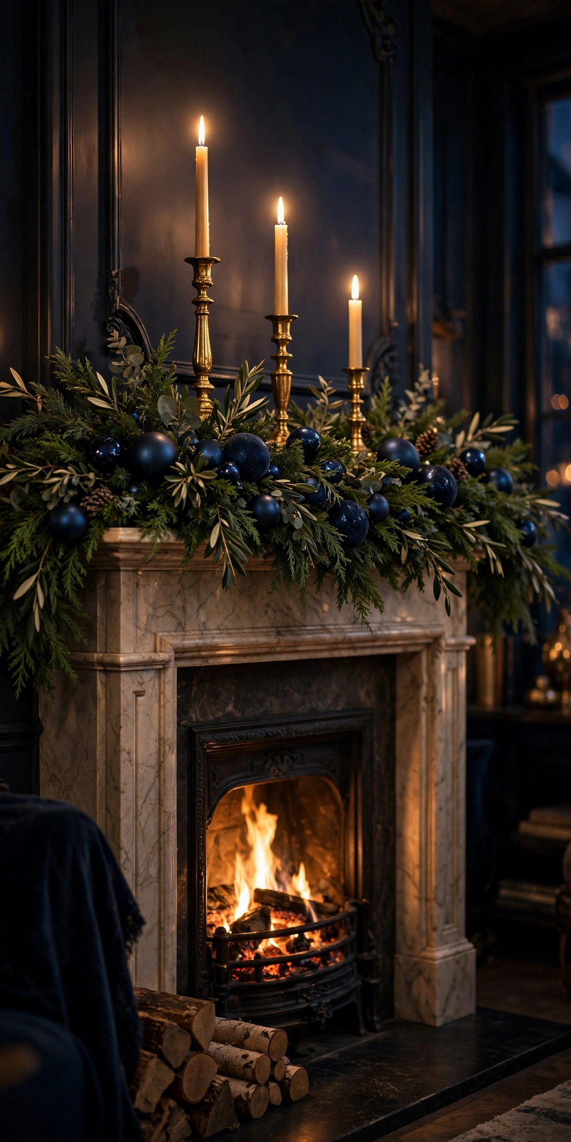 christmas mantel garland gold candlesticks navy ornaments