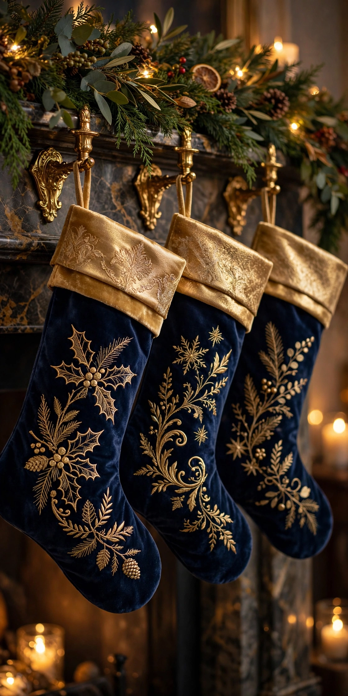 navy velvet christmas stockings gold trim mantel