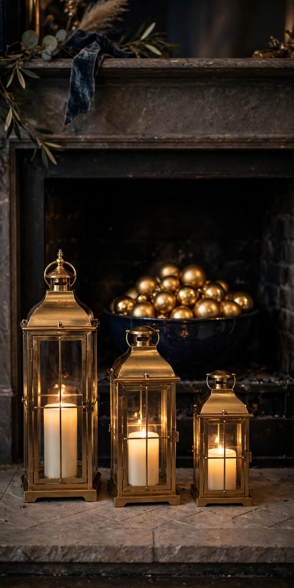 gold lanterns christmas hearth navy candles