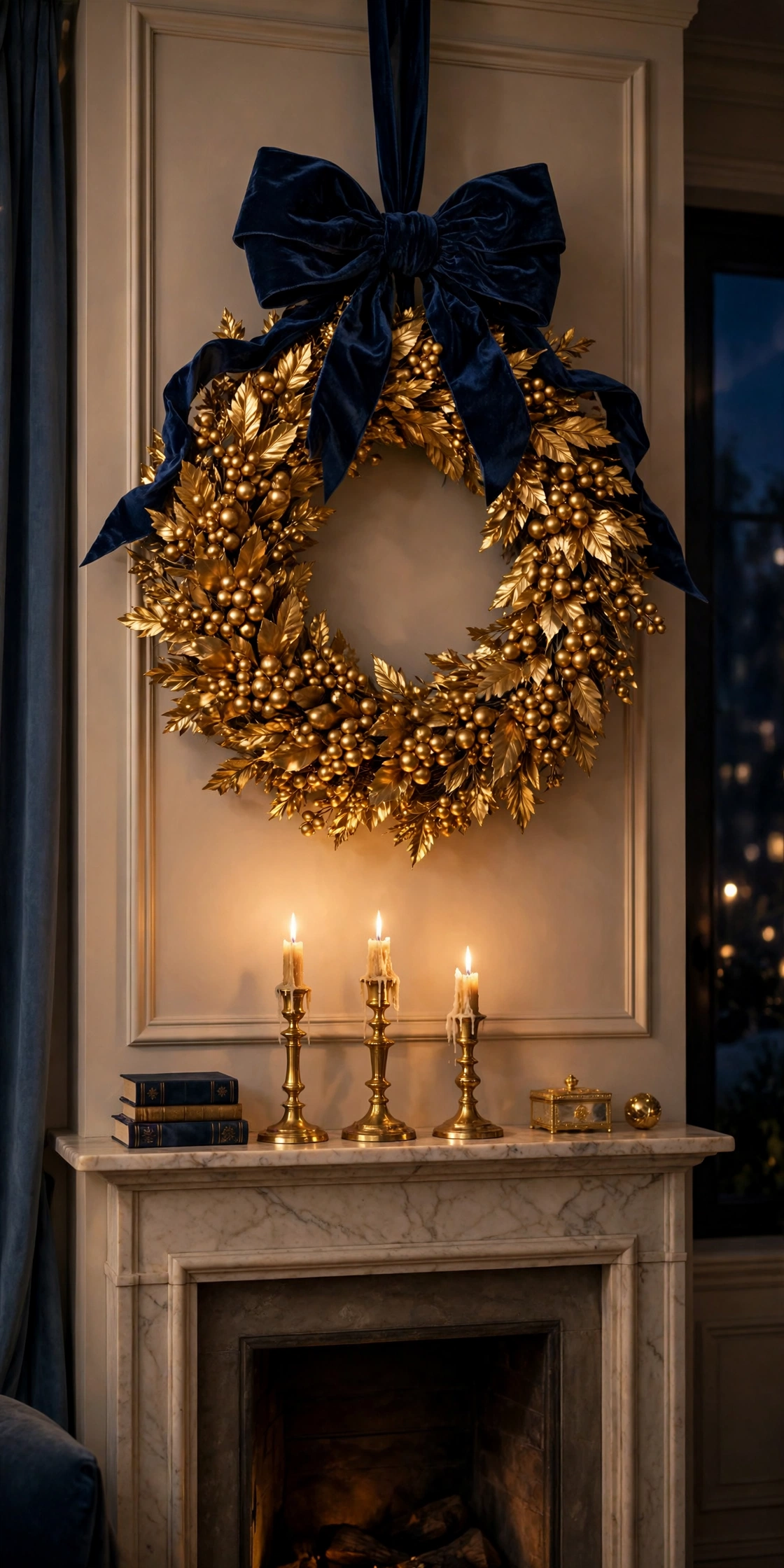 gold wreath navy bow above mantel christmas