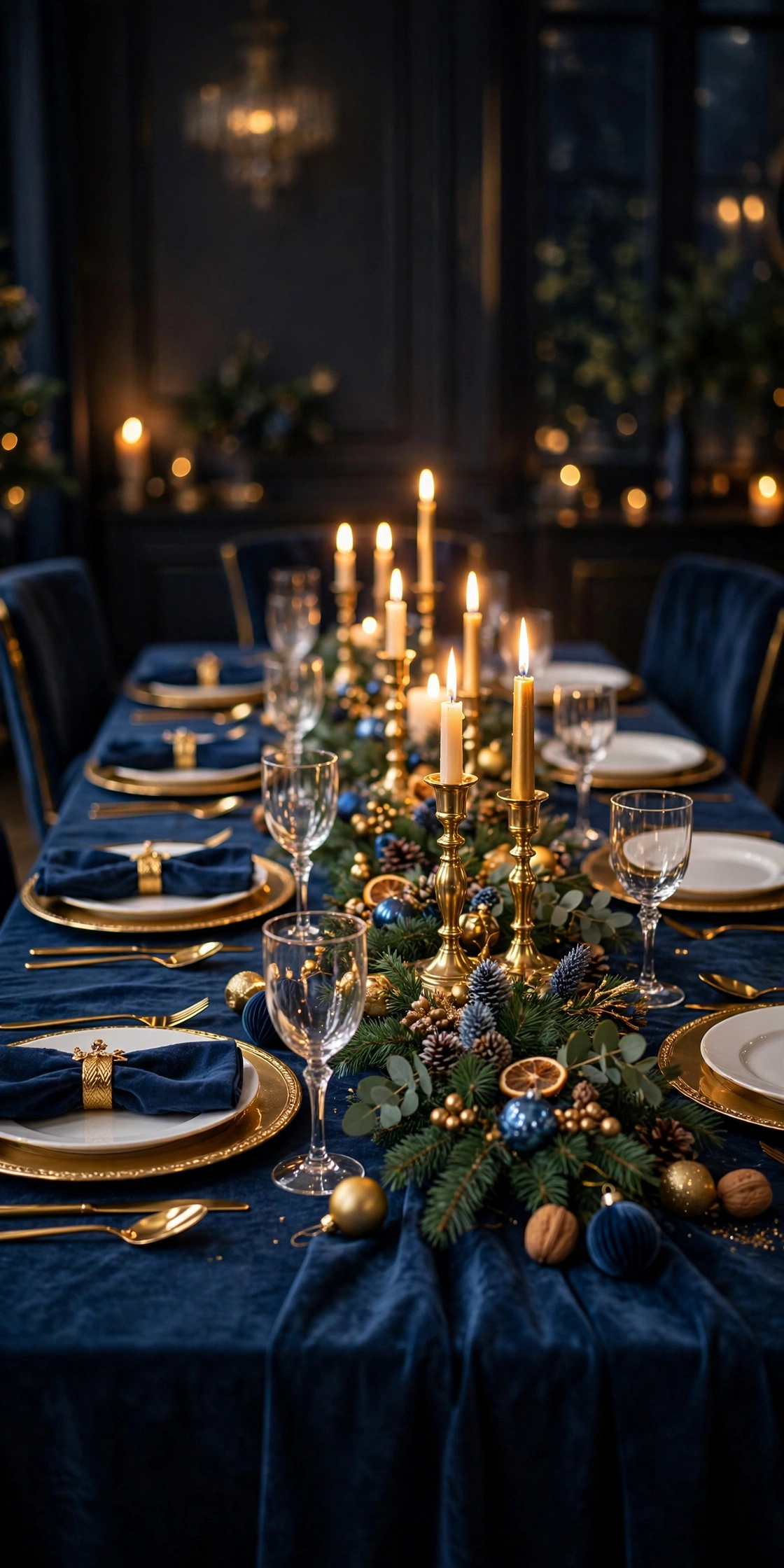 blue and gold christmas tablescape navy tablecloth gold chargers