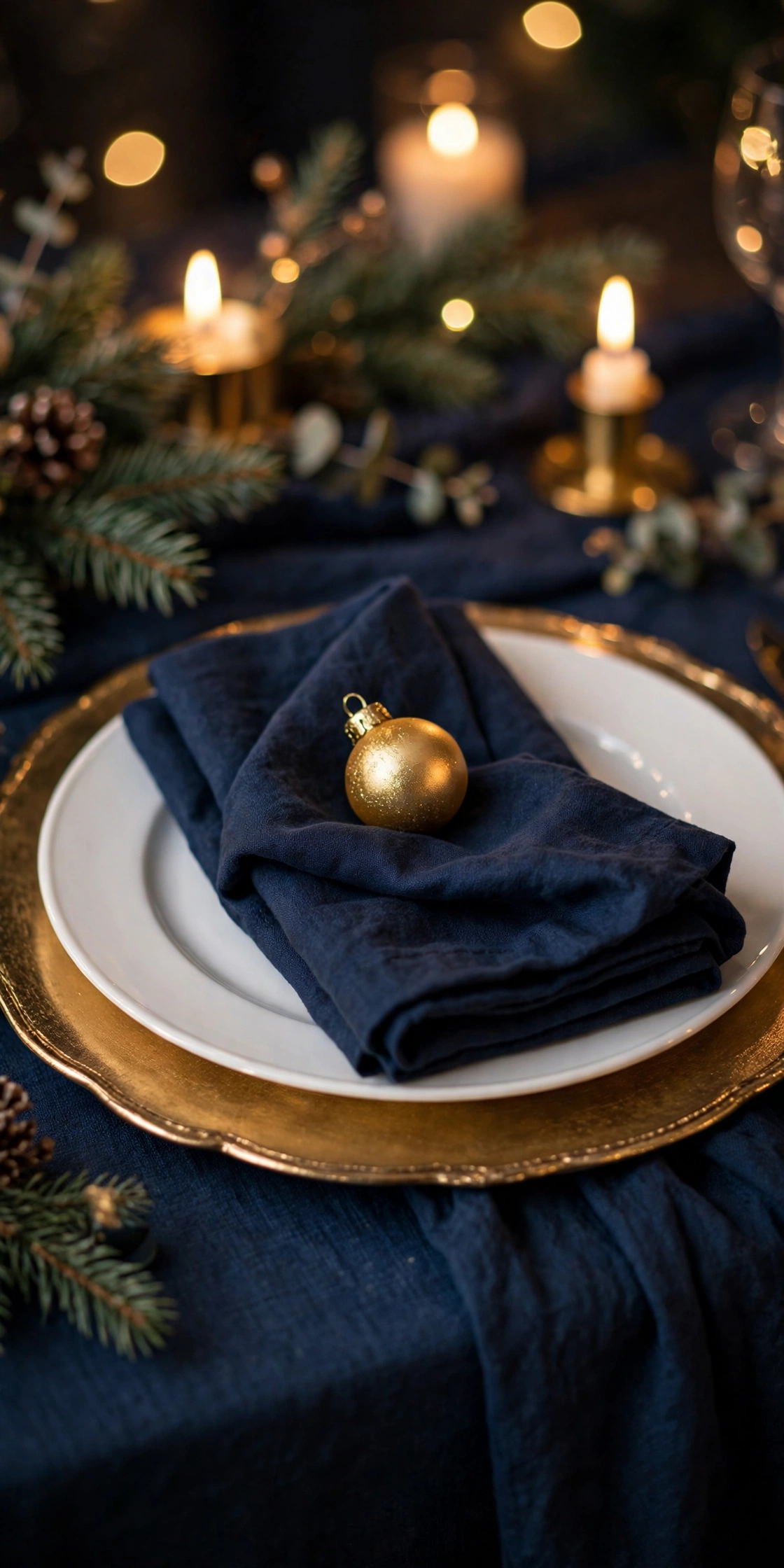 gold charger plates navy napkins christmas place setting