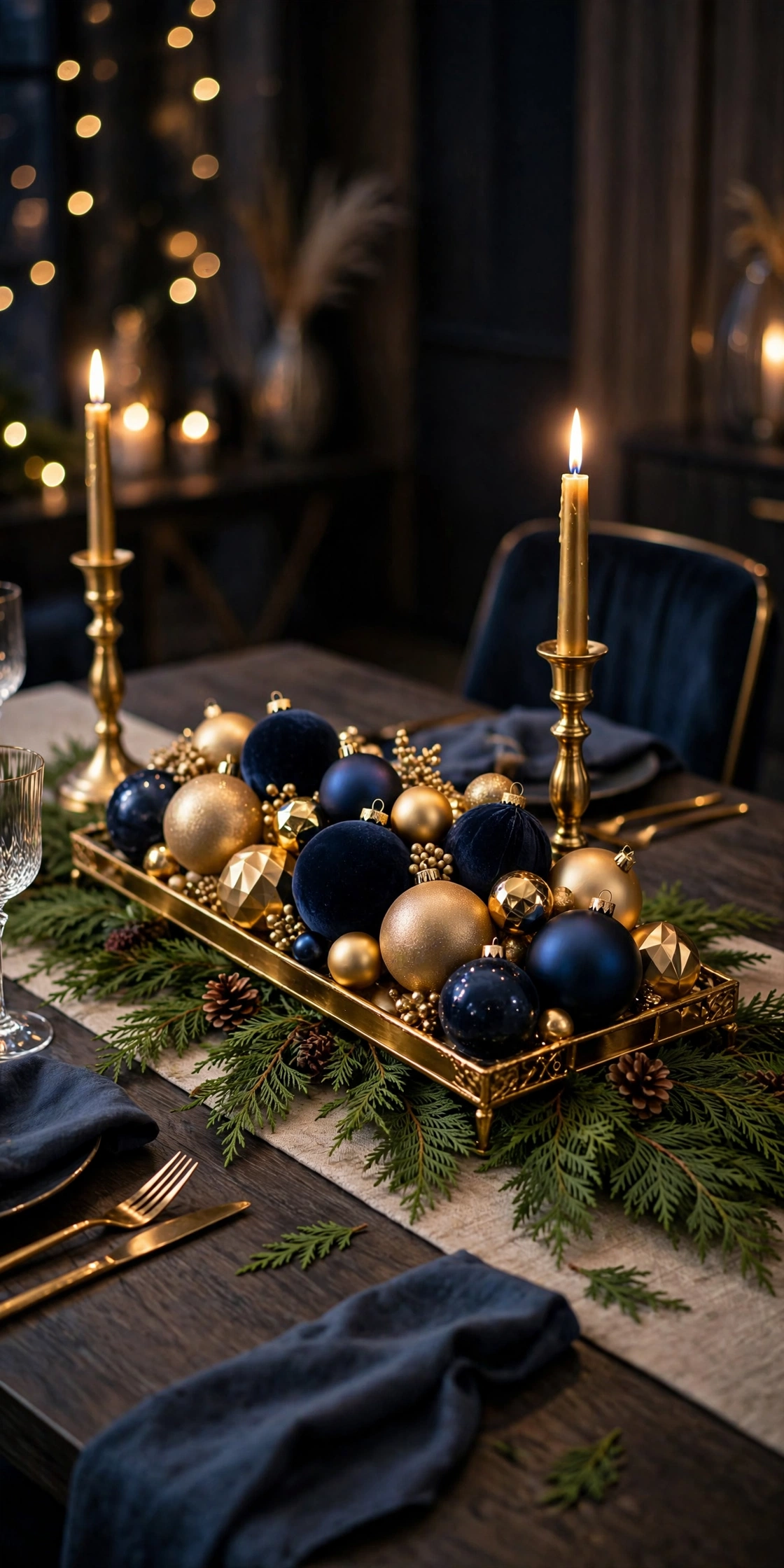 blue and gold christmas centerpiece gold candlesticks ornament bowl
