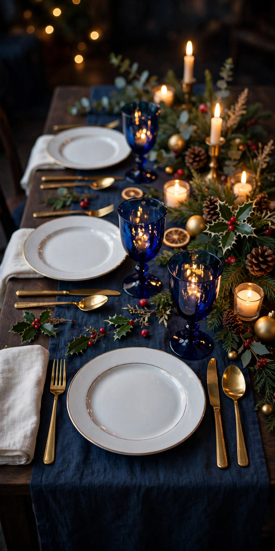 cobalt blue glassware gold flatware christmas table