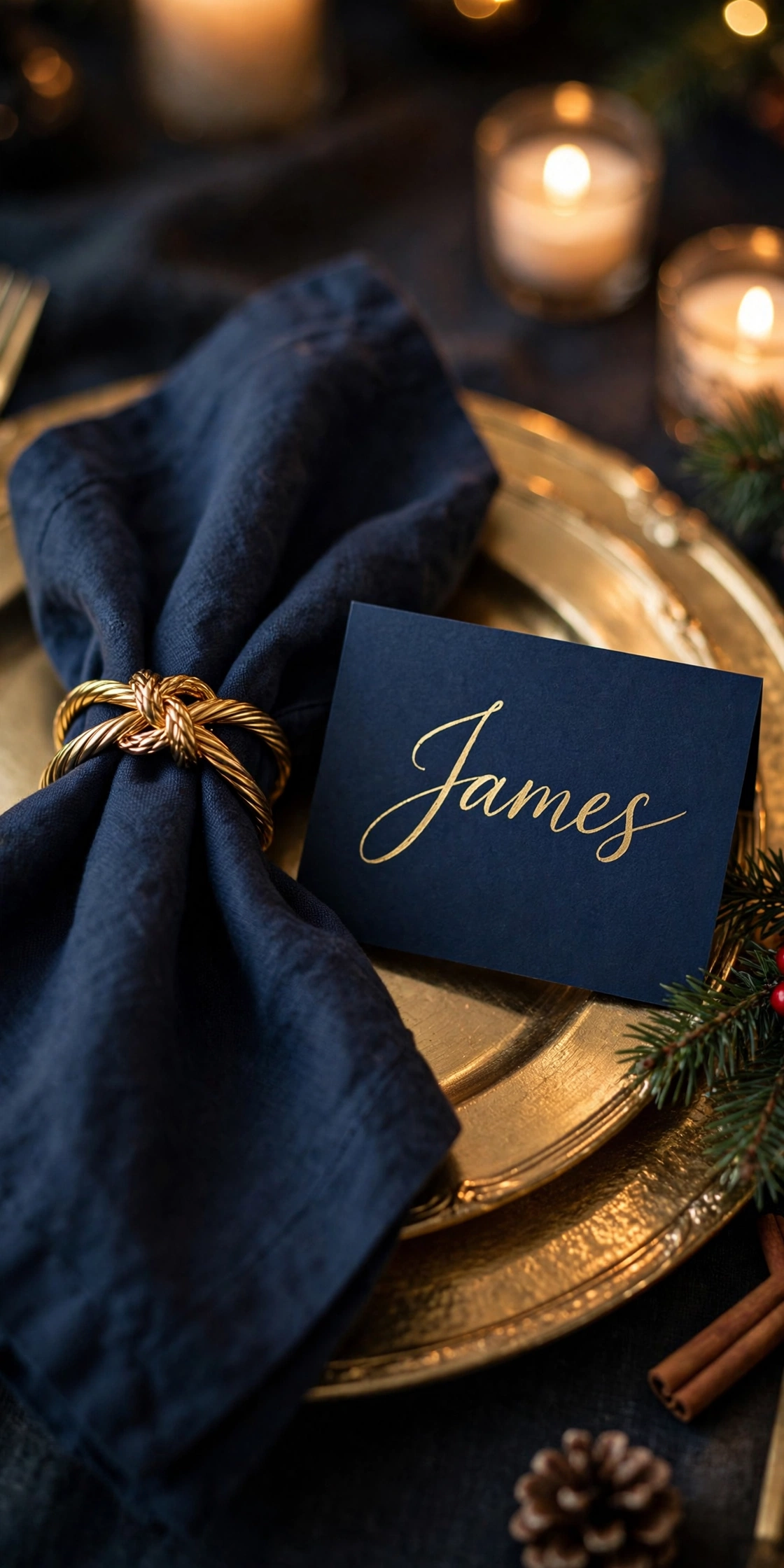 navy napkins gold napkin rings christmas place cards