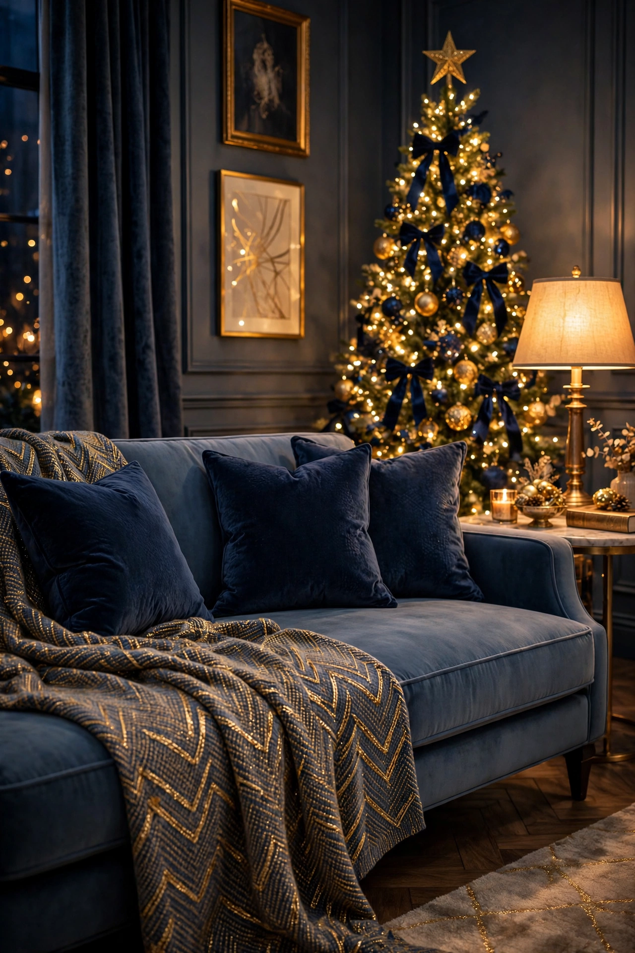 navy velvet pillows gold throw christmas sofa