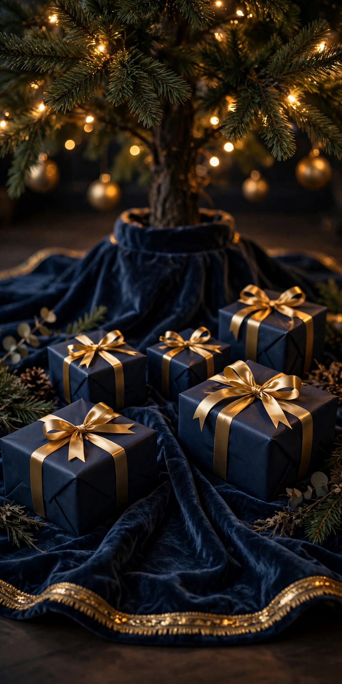 navy christmas tree skirt gold trim elegant