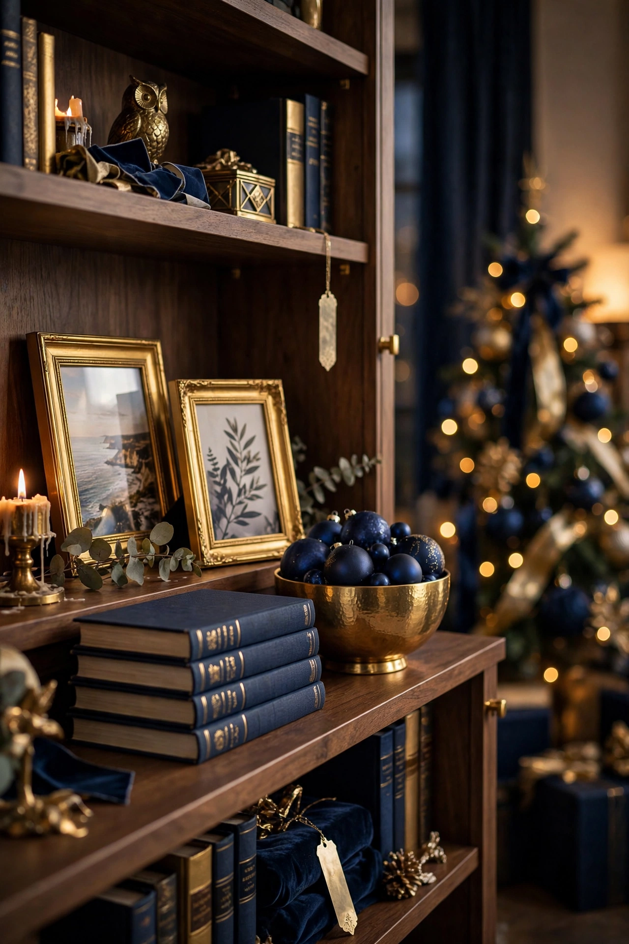 gold frames navy books console table christmas styling