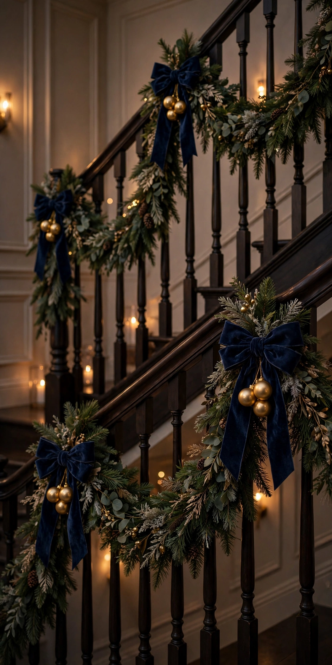 staircase garland navy bows gold ornaments christmas