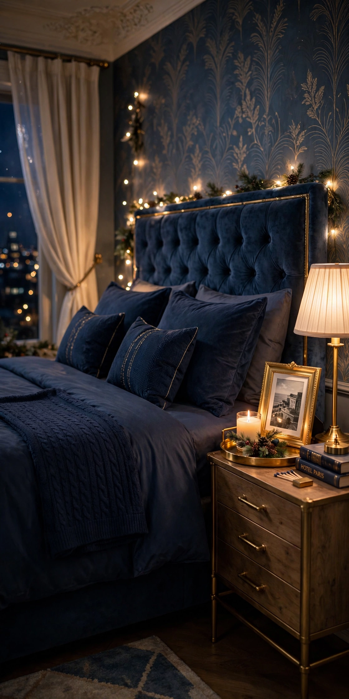 navy bedding gold accents christmas bedroom