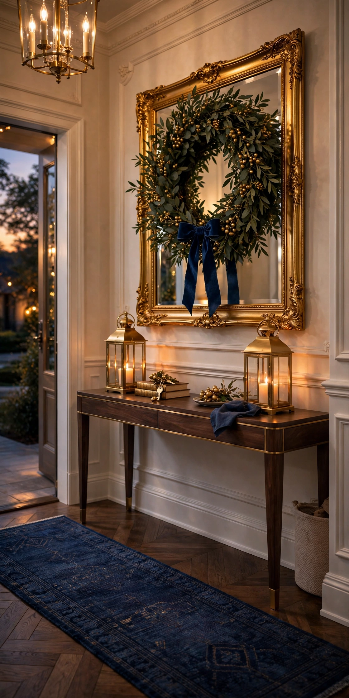 gold mirror navy console entryway christmas decor