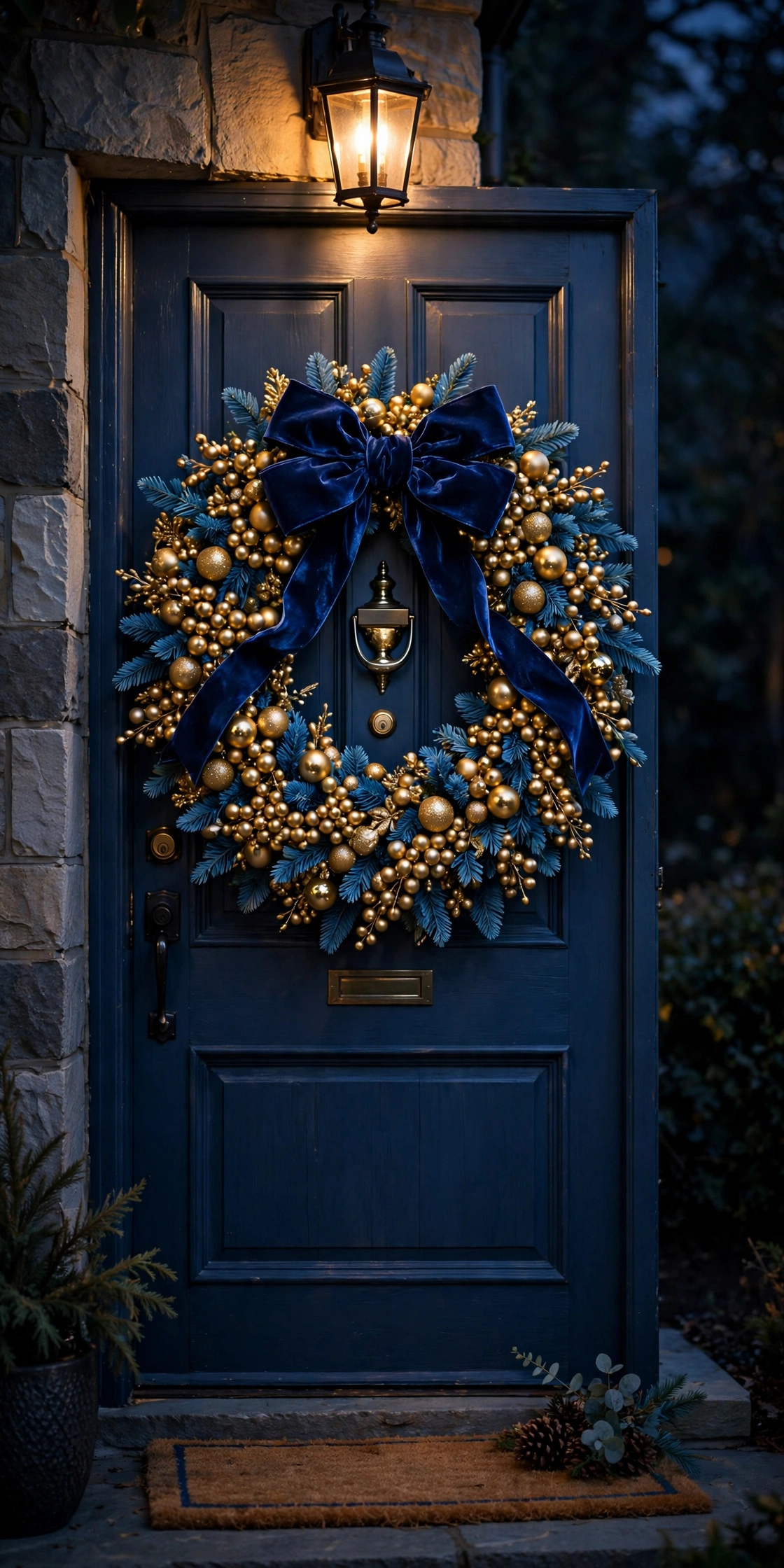 blue and gold christmas wreath front door navy bow