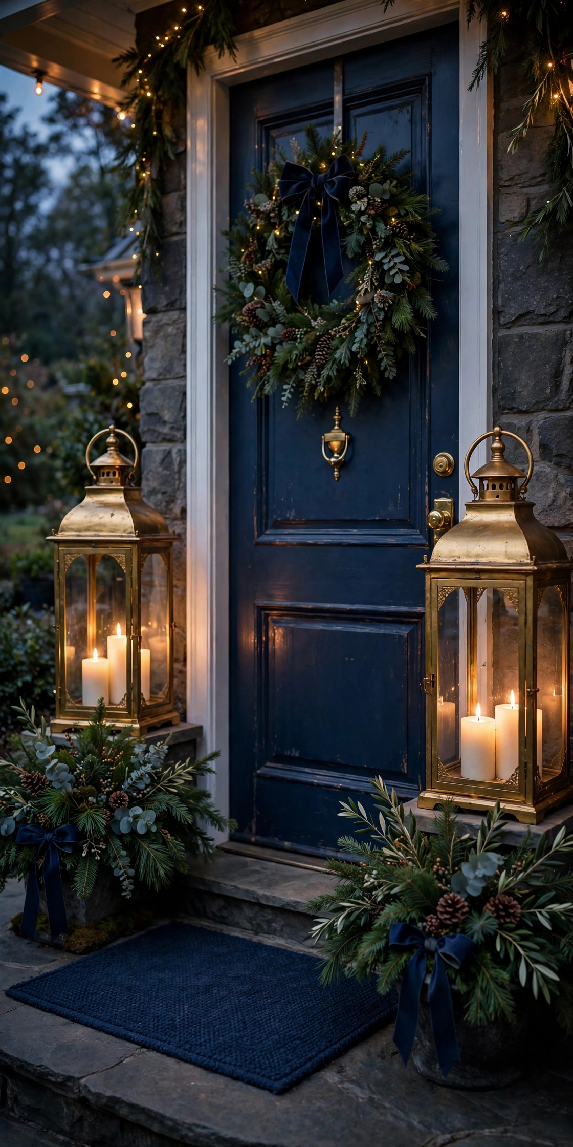 gold lanterns navy door mat christmas porch