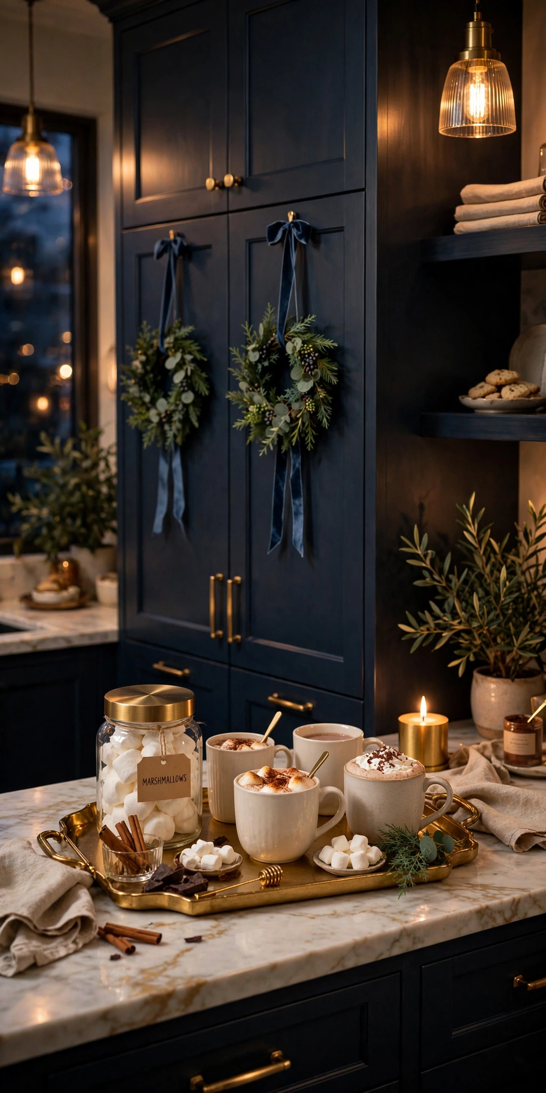 mini gold wreaths kitchen cabinets navy ribbon christmas
