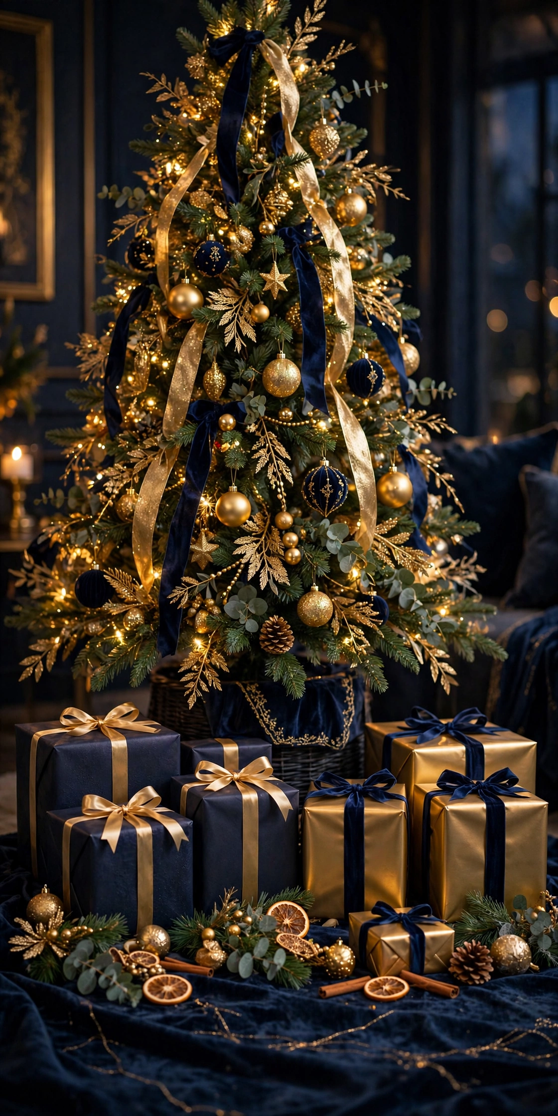navy wrapped gifts gold ribbon under christmas tree