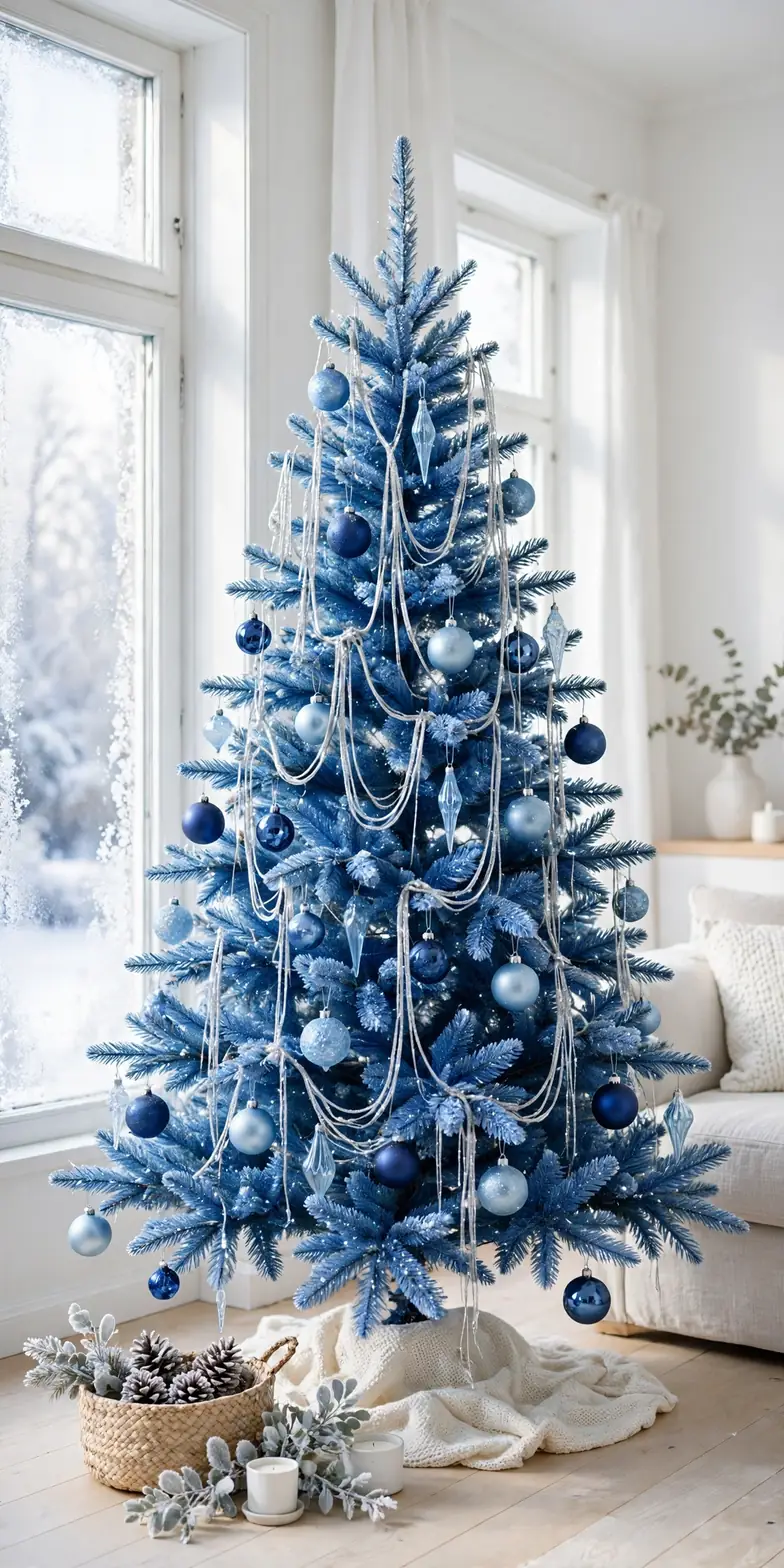 silver tinsel garland blue christmas tree