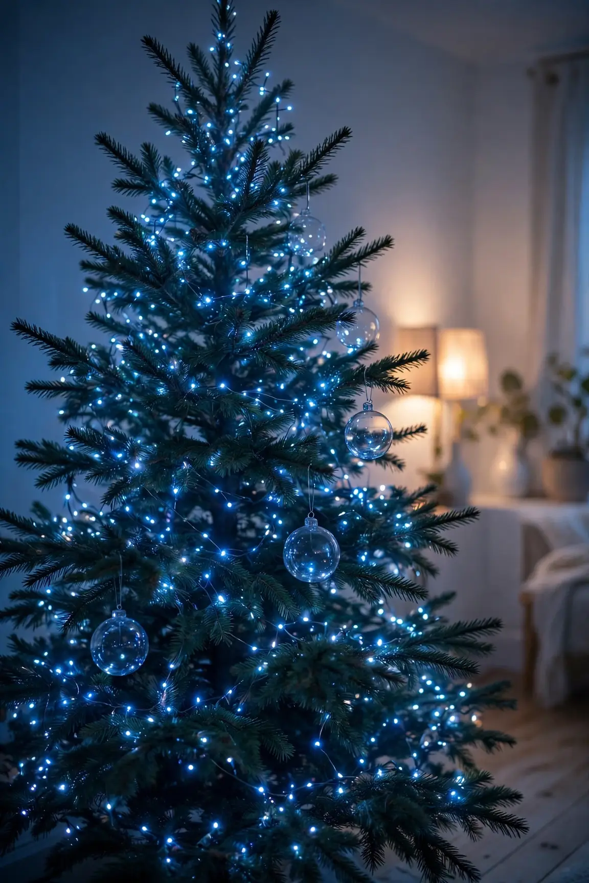 blue fairy lights christmas tree glow