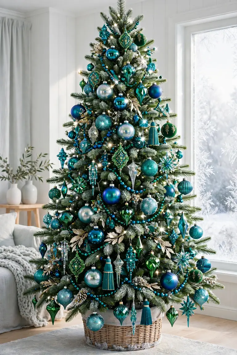 peacock blue teal christmas tree jewel tones