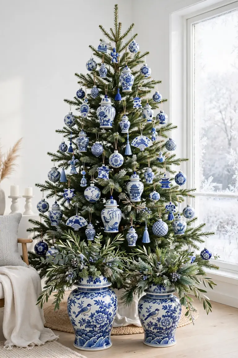 chinoiserie blue and white christmas tree porcelain