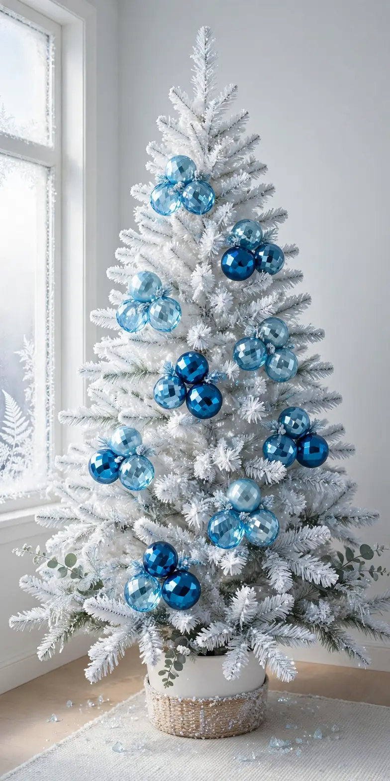 white christmas tree blue ornaments reverse