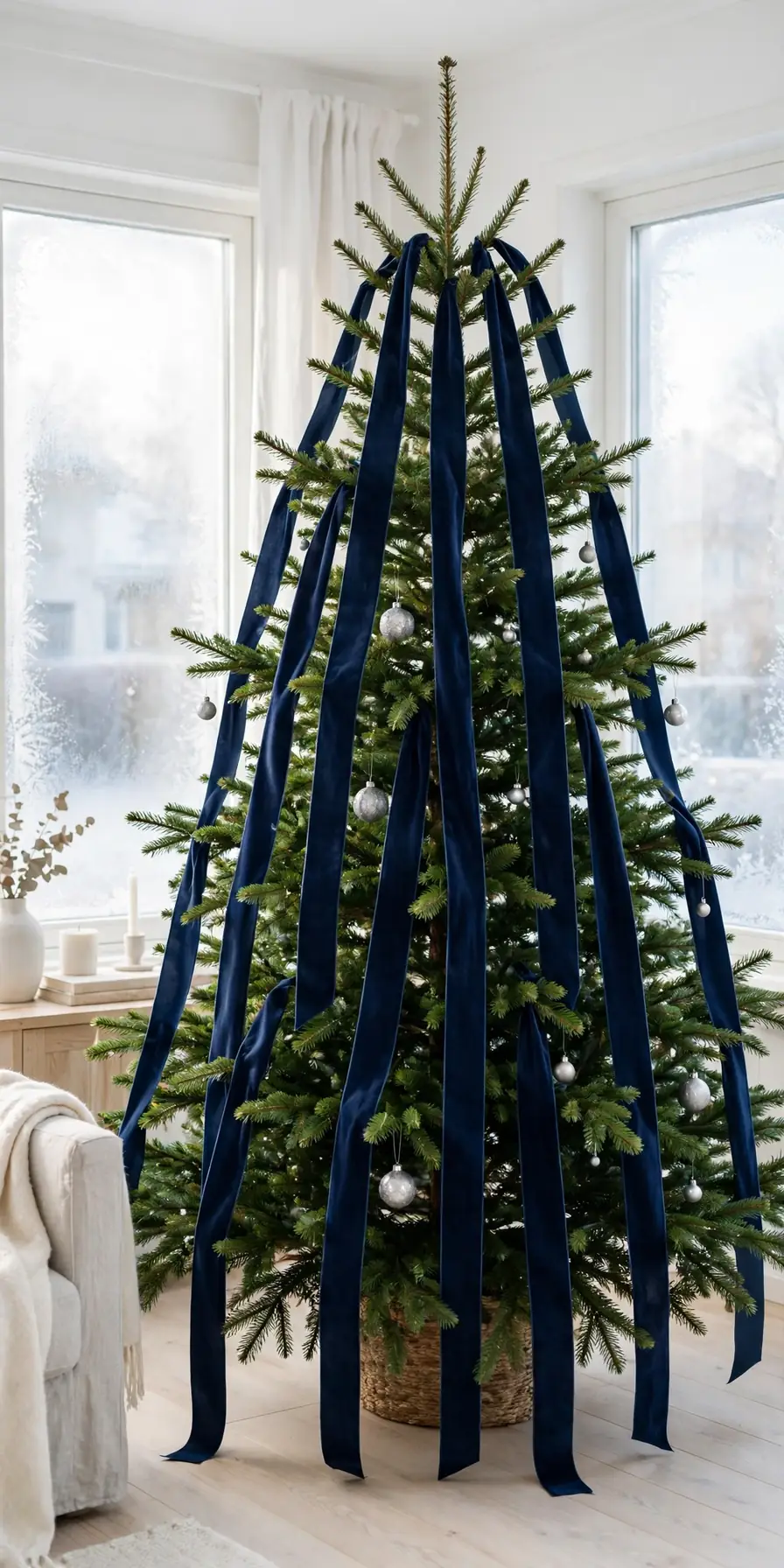 navy velvet ribbon christmas tree cascade