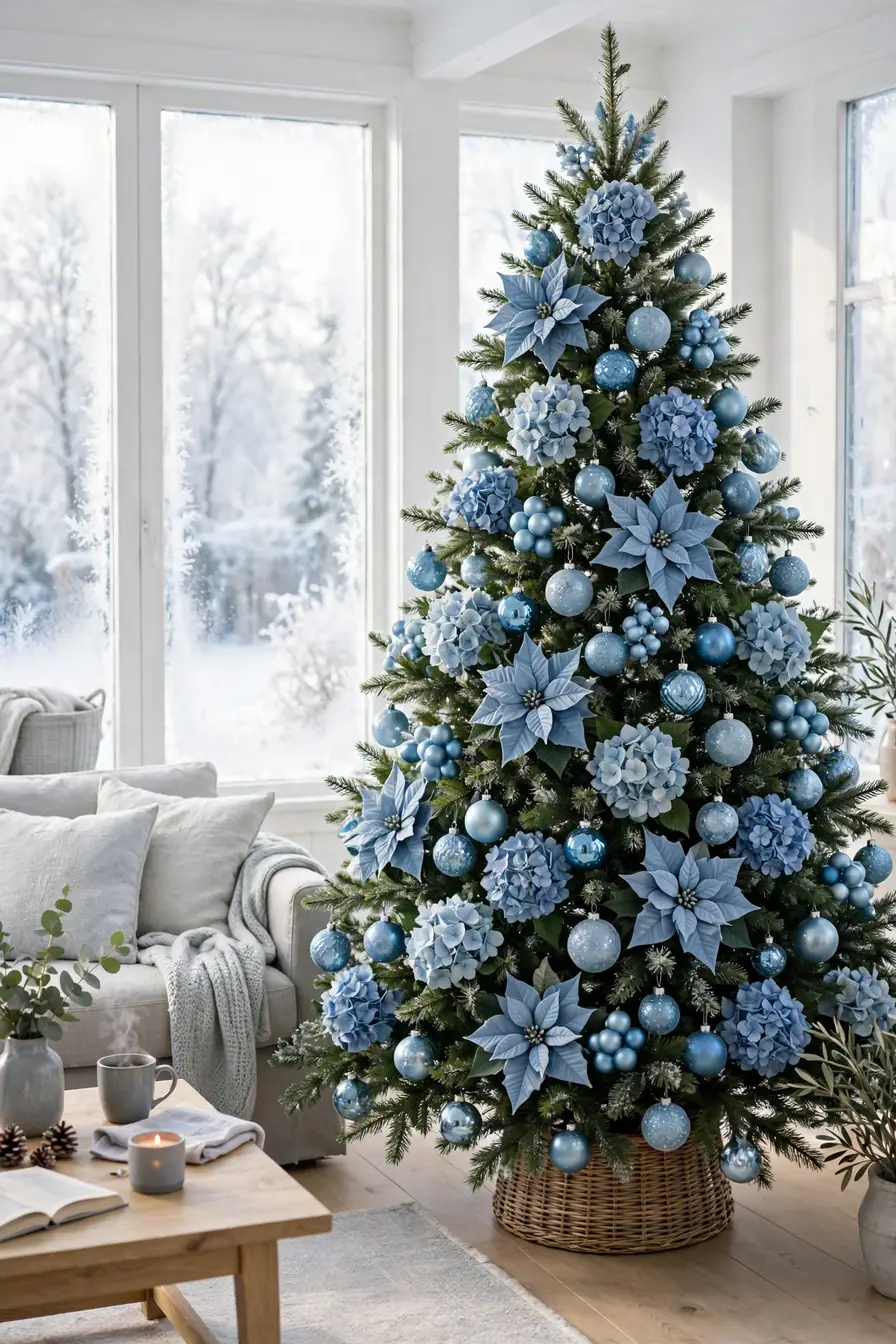 blue poinsettia picks christmas tree floral