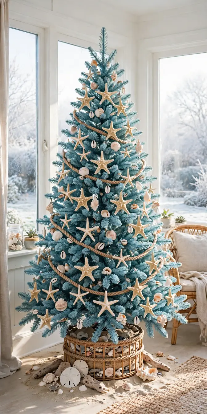 coastal blue christmas tree starfish shells
