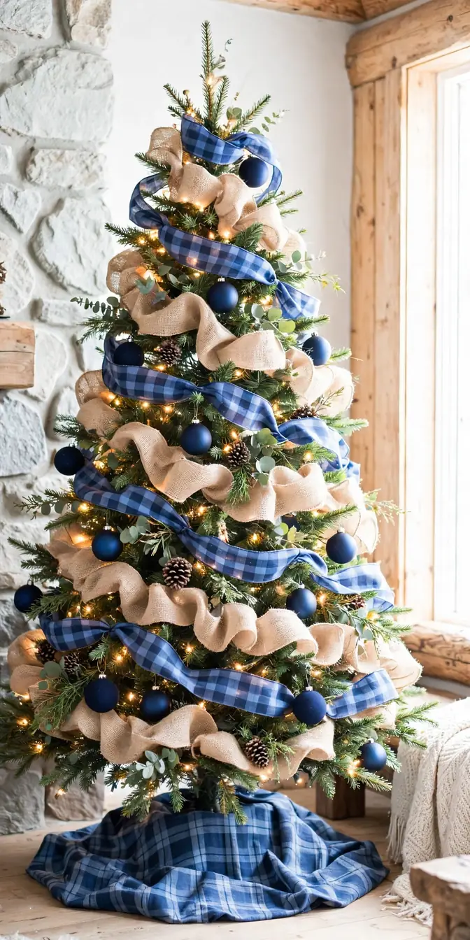 blue plaid burlap rustic christmas tree