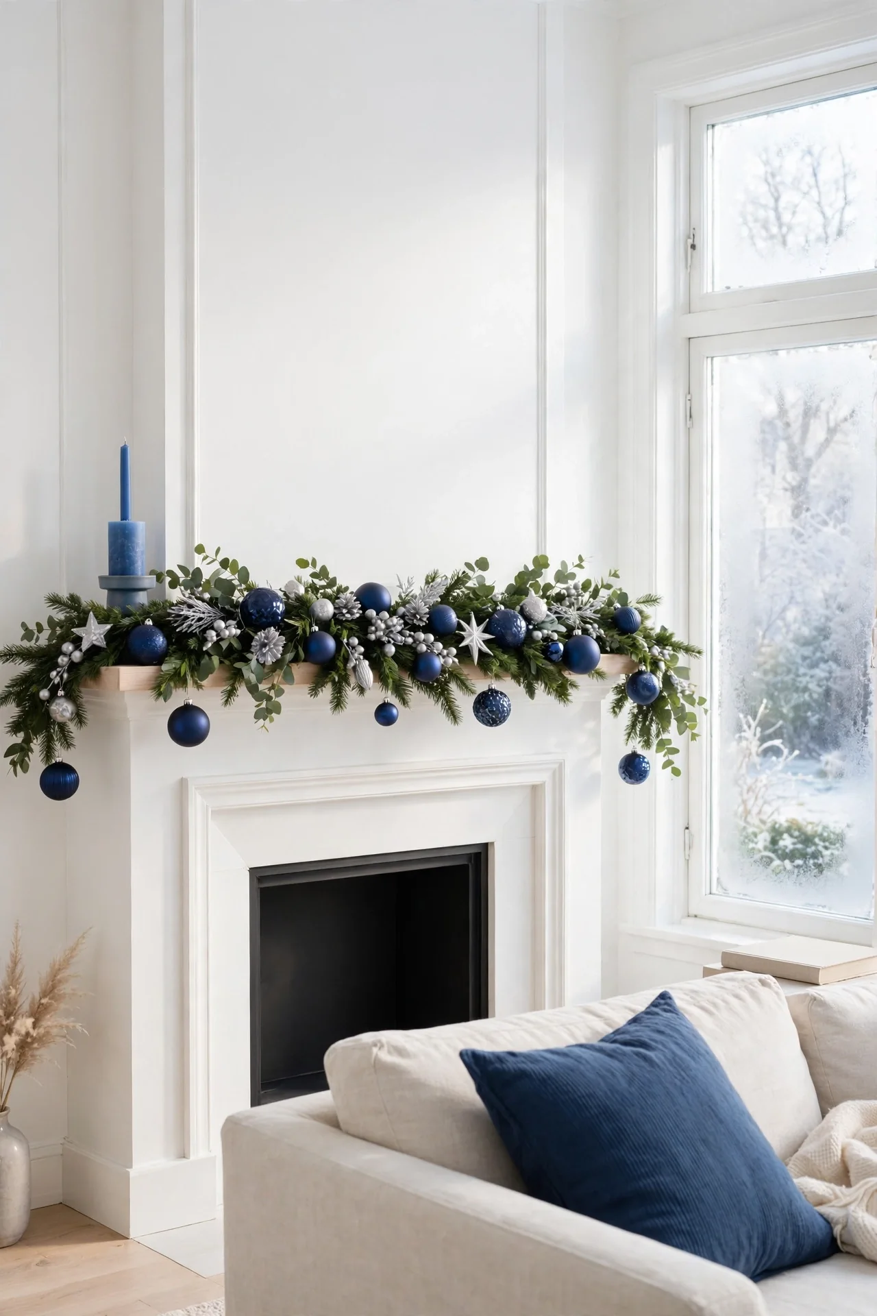 blue christmas decor mantel garland room echo