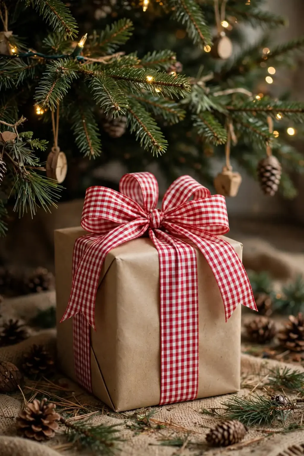brown and red christmas wrapping paper gingham bow