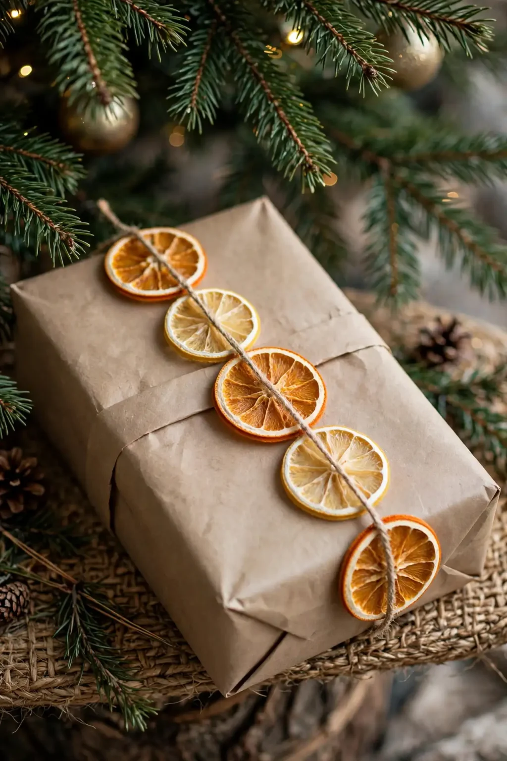 brown paper christmas wrapping dried citrus garland